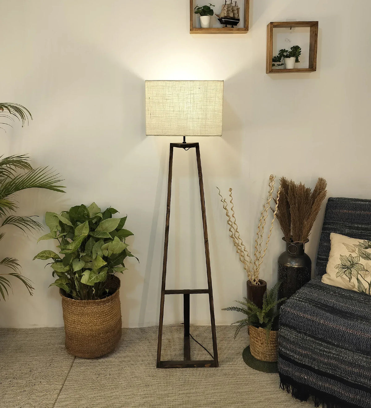 Angular Wooden Floor Lamp with Brown Base and Beige Fabric Lampshade - ArtyCraftz.com