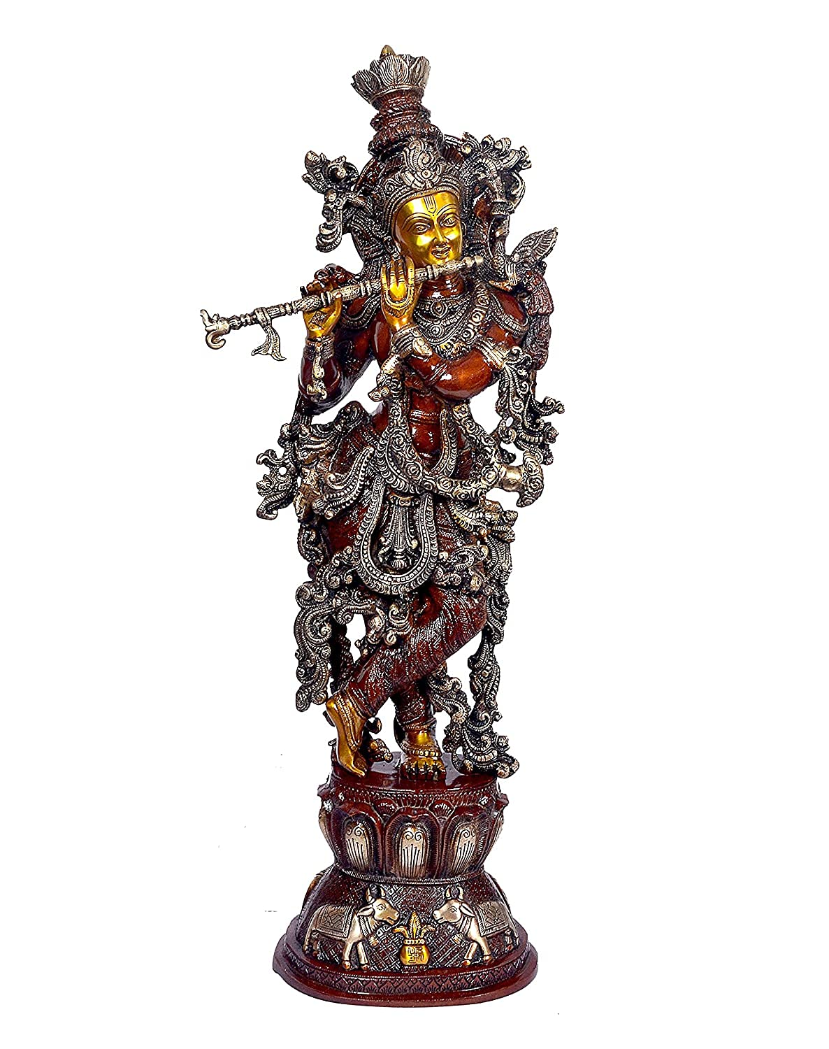 Antique Brown Gold Handcrafted Brass Radha Krishna 29 Inch Statue-ArtyCraftz.com