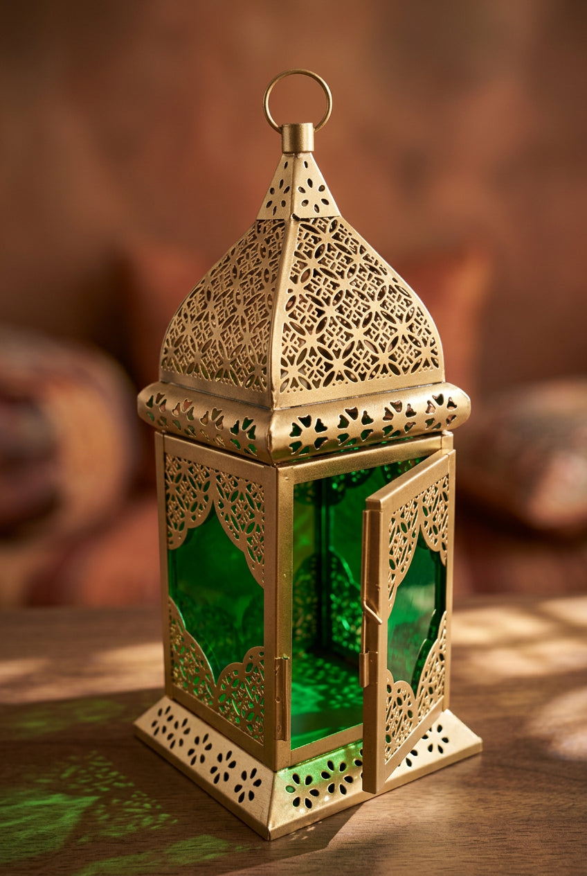 Antique Gold Iron Decorative Lantern with Glass Panels-artycraftz.com