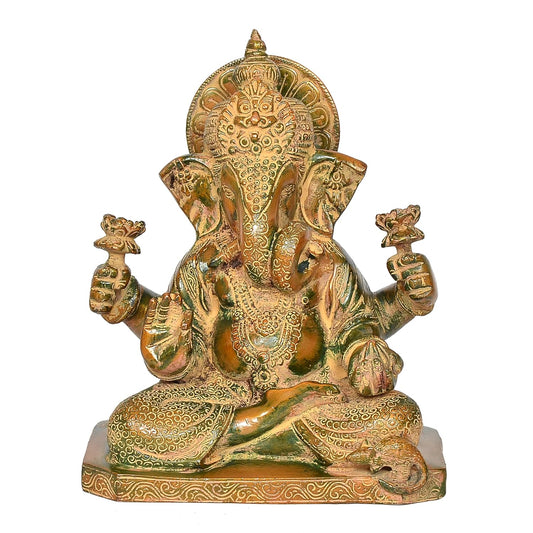 Antique Green and Gold Brass Ganesha Statue for Home Temple Front View-ArtyCraftz.com
