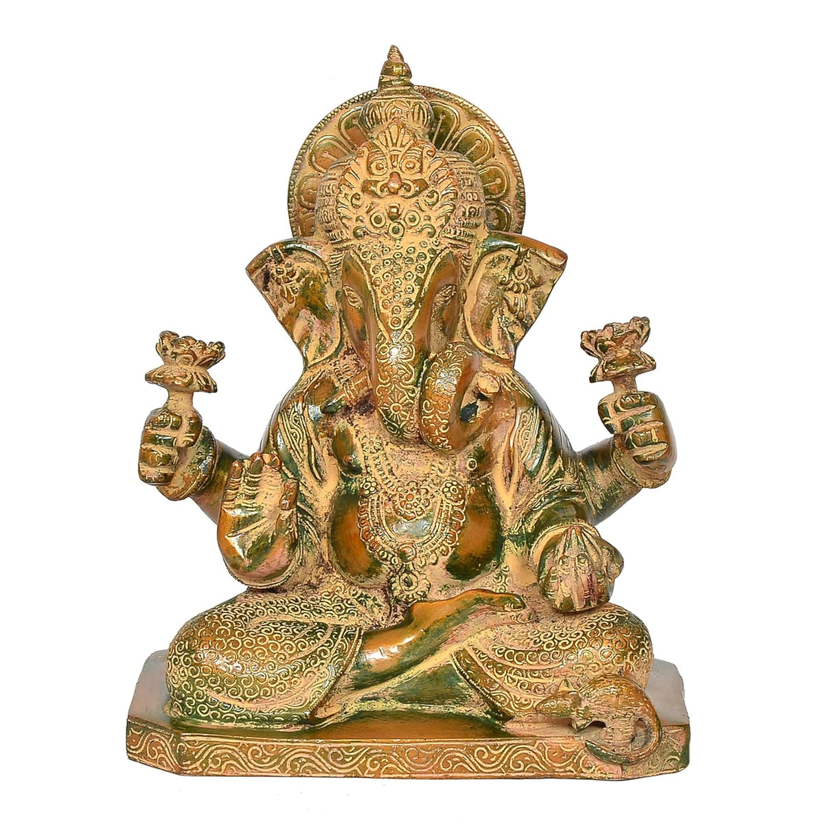 Antique Green and Gold Brass Ganesha Statue for Home Temple Front View-ArtyCraftz.com