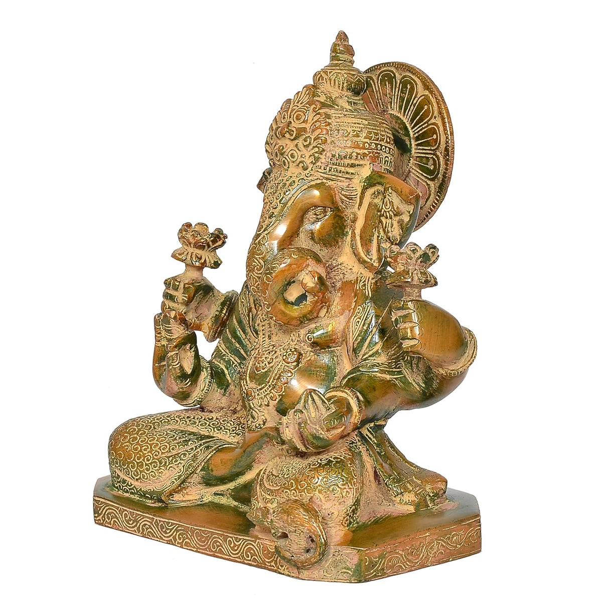 Antique Green and Gold Brass Ganesha Statue for Home Temple Right View-ArtyCraftz.com