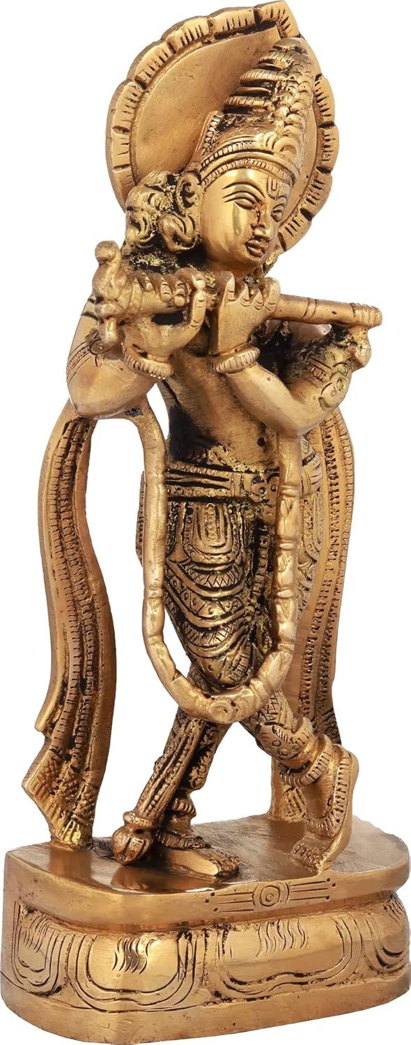 Artisan Crafted Brass Krishna Sculpture with Flute Main View Left View-ArtyCraftz.com