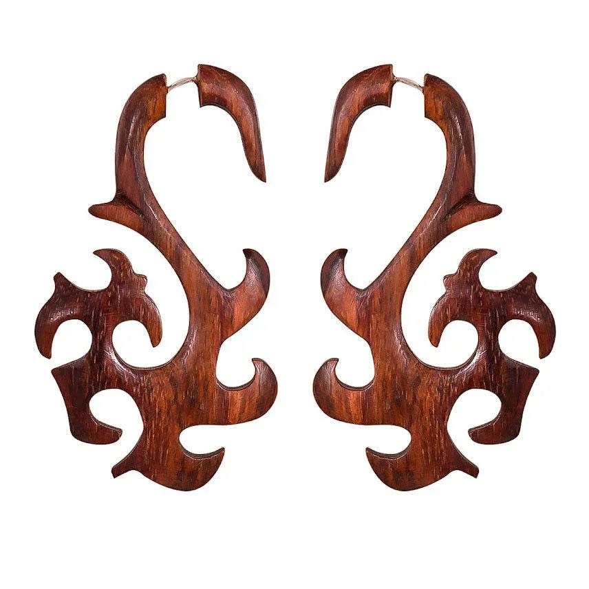 Asymmetric Tribal Fake Gauge Wooden Earrings 2.8" - ArtyCraftz.com