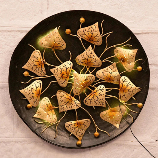 Handcrafted Metal Thaal with Leaf on Led for Wall Decor