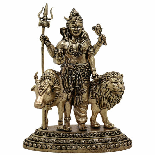 Bronze statue of a deity with a trident, holding a lion and a bull on a white background