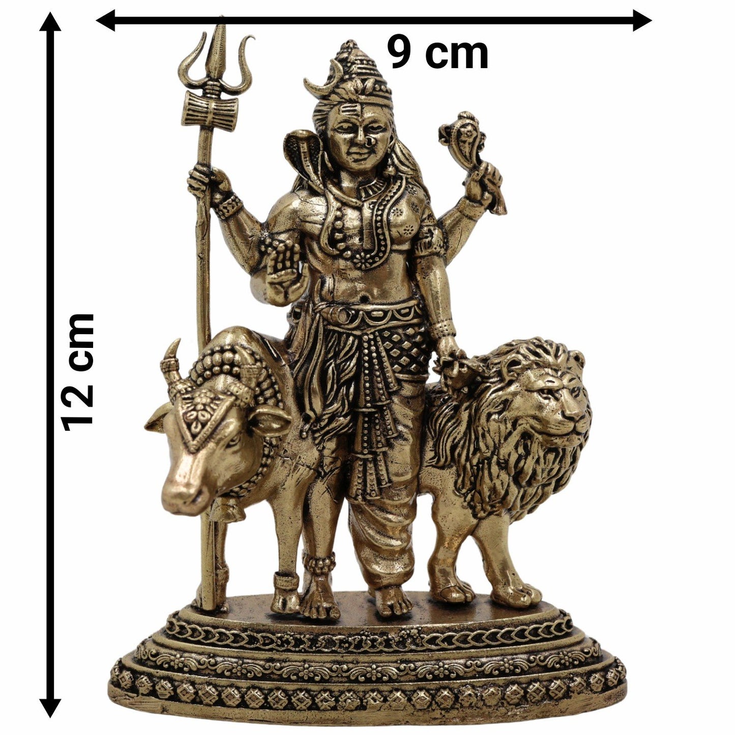 Bronze statue of a deity with a trident, holding a bull and a lion, with measurements indicated.