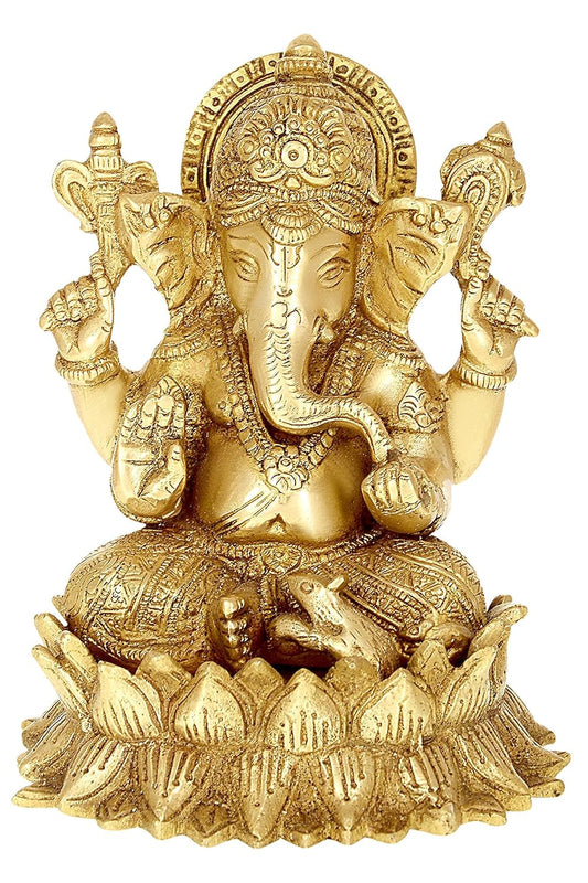 BHandcrafted Brass Ganesha Idol on Lotus Base - ArtyCraftz.com