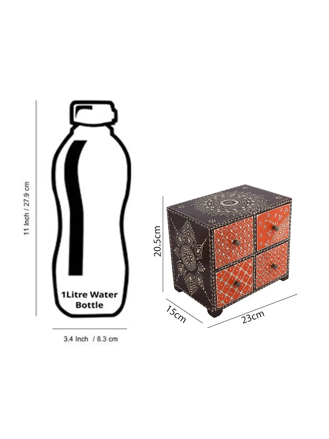 Traditional Mandana Print Orange & Brown Chest with Drawer Size Compared with Water Bottle