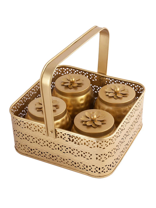 Metal Golden Finish Basket with Set of 4 Jars