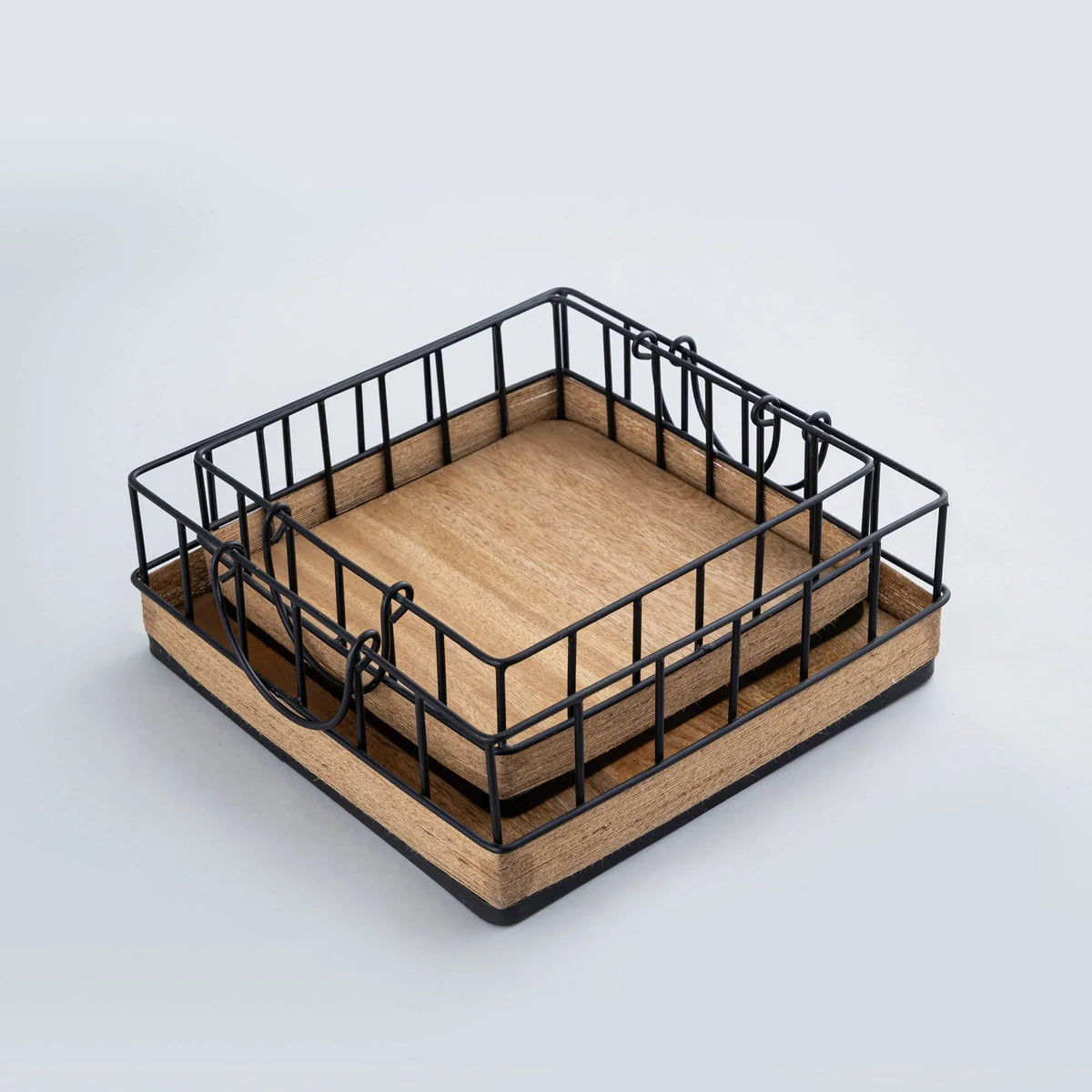Rectangular tray with black metal frame and wooden surface
