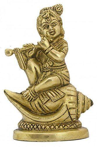 Baal Krishna Murti Statue Idol Seated Conch Playing The Flute Brass Statue Height 4.5 inch - ArtyCraftz.com