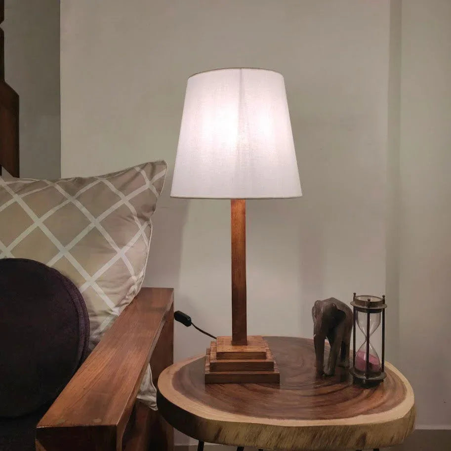 Babel Wooden Table Lamp with Brown Base and Premium White Fabric Lampshade - ArtyCraftz.com