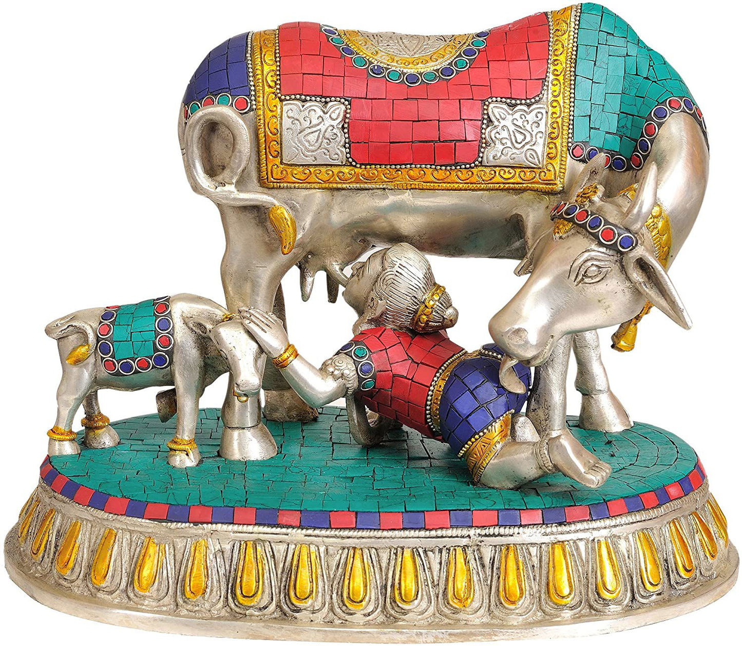 Baby Krishna Drinking Cow's Milk - Brass with Inlay Statue Laddu Gopal Height 10.5 Inches - ArtyCraftz.com