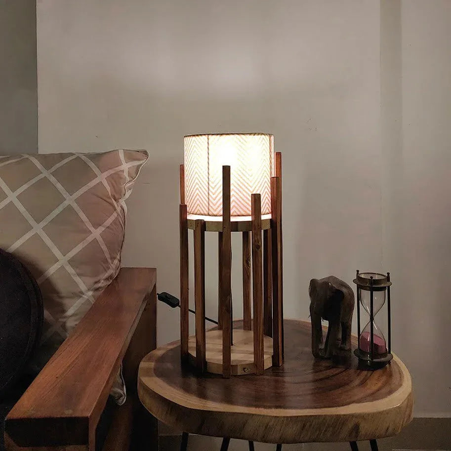 Bastian Wooden Table Lamp with Brown Base and Premium White Fabric Lampshade - ArtyCraftz.com