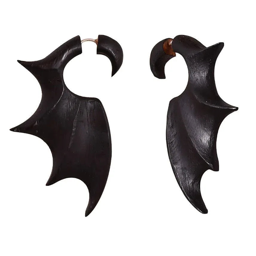Bat Wings Tribal Fake Gauge Black wooden Earrings 2.5" - ArtyCraftz.com