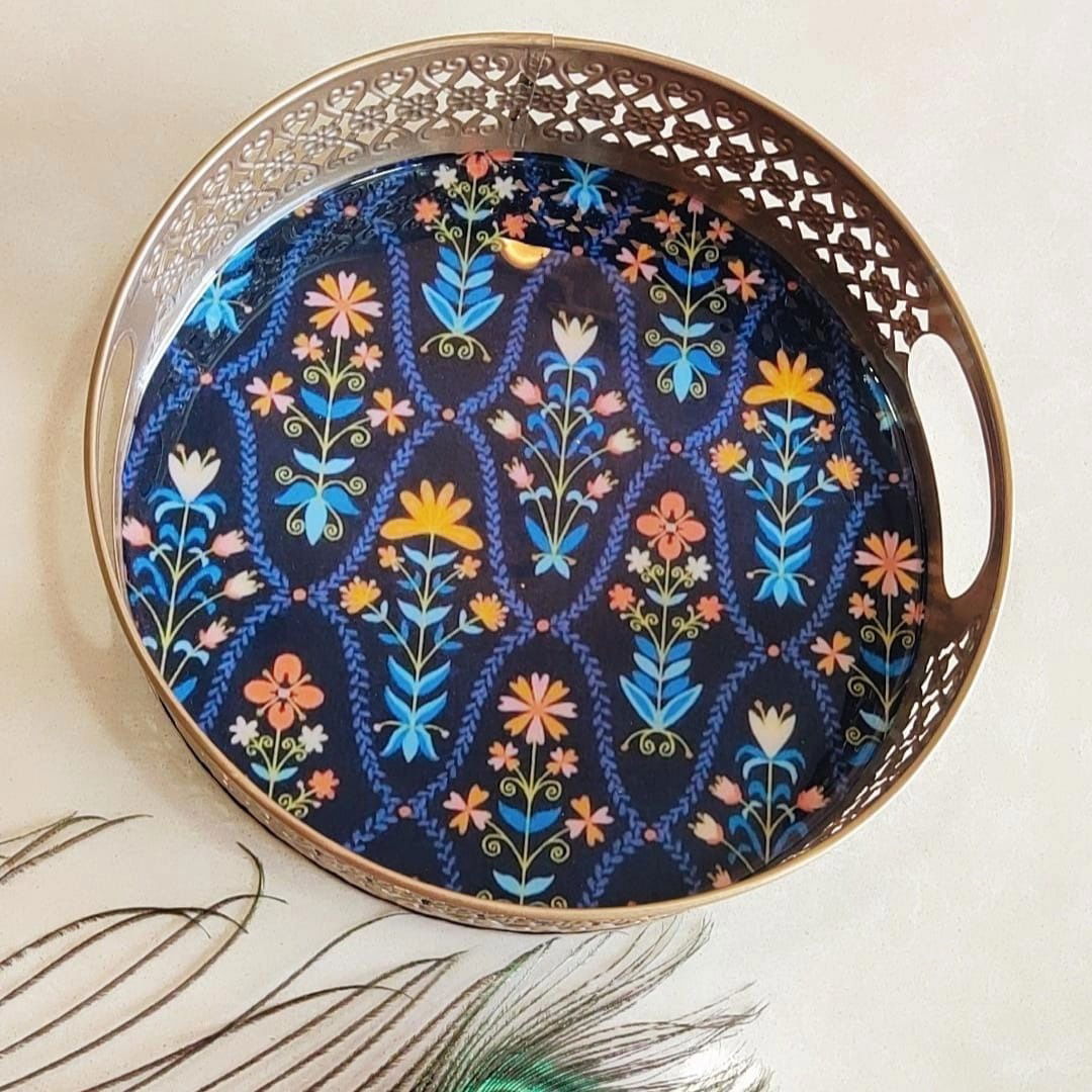 Beautiful Floral Handpainted Pichwai Tray set Blue - ArtyCraftz.com