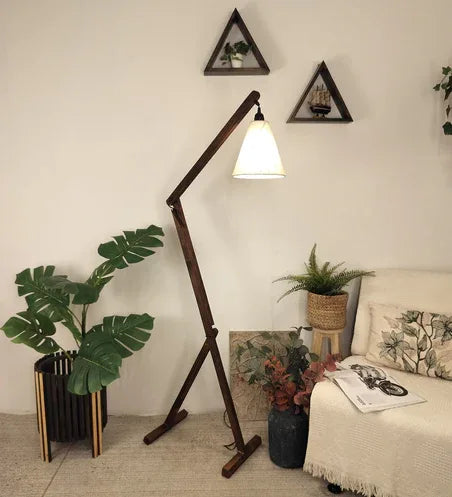 Benji Wooden Floor Lamp with Brown Base and Beige Fabric Lampshade - ArtyCraftz.com