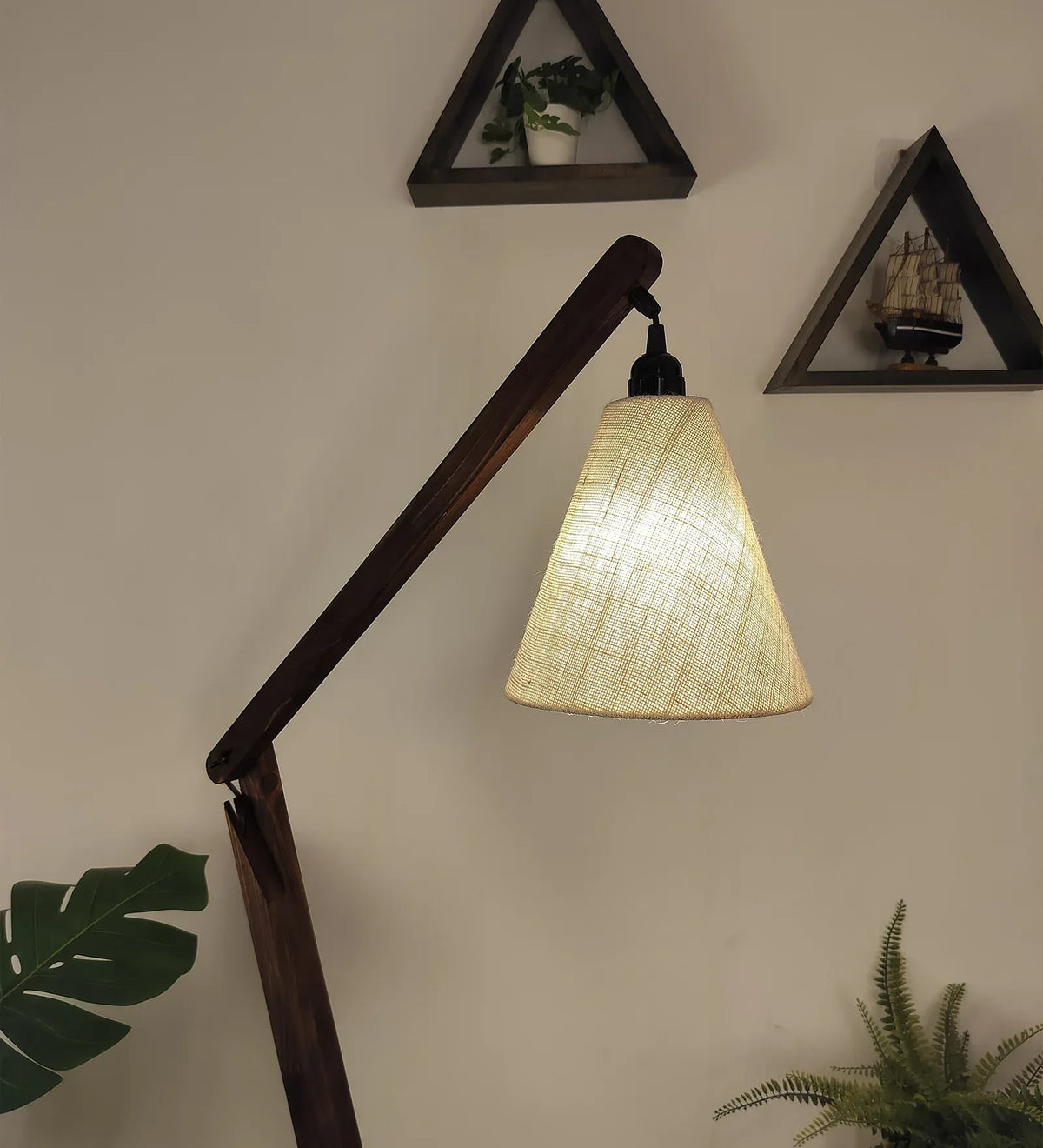 Benji Wooden Floor Lamp with Brown Base and Beige Fabric Lampshade - ArtyCraftz.com