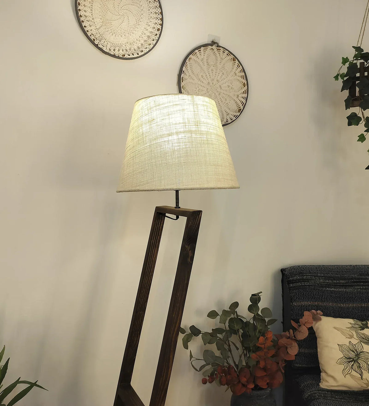 Bezalel Wooden Floor Lamp with Brown Base and Beige Fabric Lampshade - ArtyCraftz.com