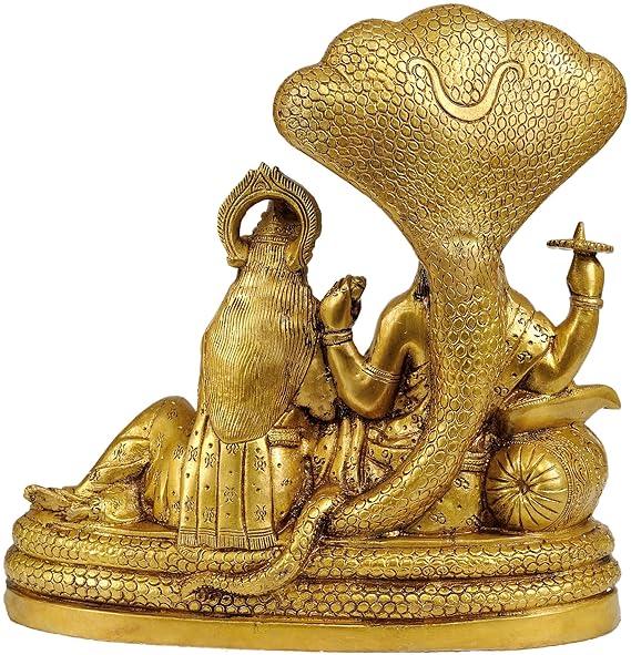 Bhagavan Vishnu and Devi Lakshmi Seated on Sheshnag - Brass Statue, Height : 10"