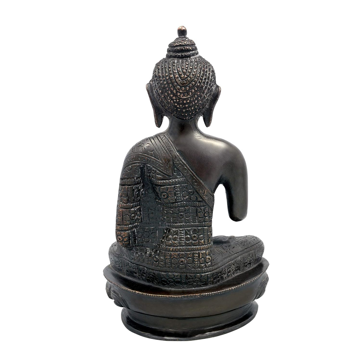 Handcrafted 7.5-inch solid brass Buddha idol seated in Abhaya Mudra, rich dark bronze antique finish with copper highlights, engraved robe border detailing on lotus base — ArtyCraftz