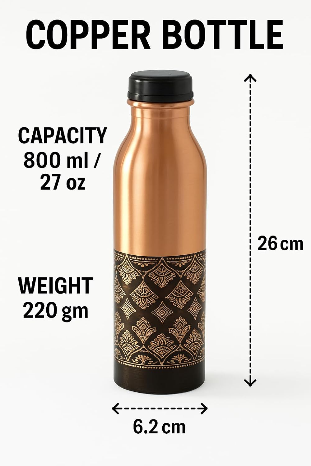 Black Floral Printed Copper Water Bottle-ArtyCraftz.com