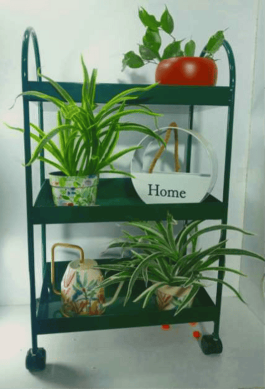 Black multi-tier iron moving plant rack with wheels displaying potted plants and home decor accessories.-artycraftz.com