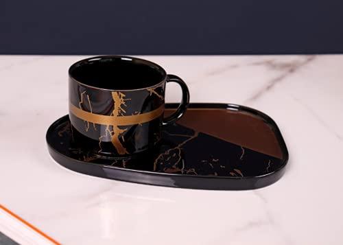 Black with Gold Inlay Porcelain Mug with Triangular Tray