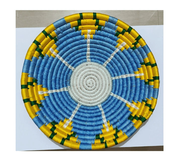 Blue Floral Yellow Sabai Grass Wall Plate – Handwoven Home Décor | 8" & 10" Sizes - ArtyCraftz.com