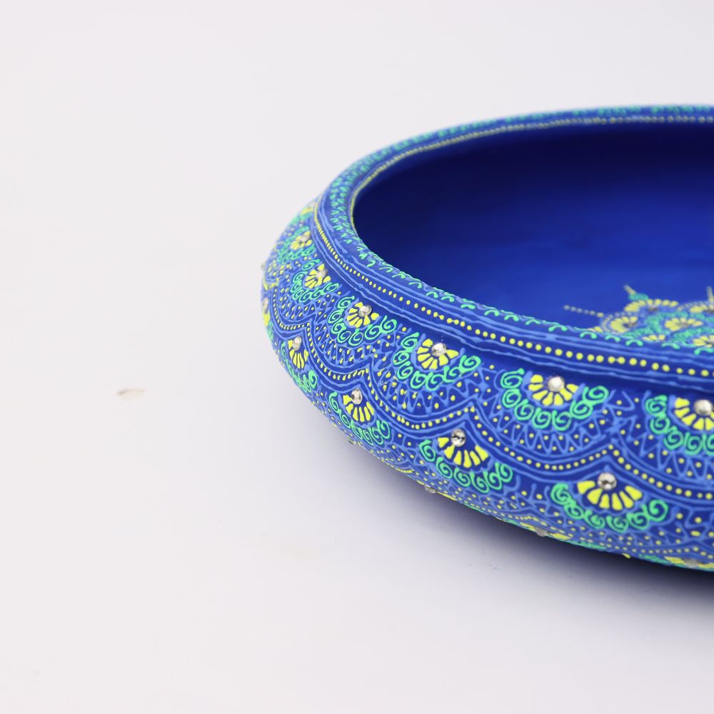 Blue Terracotta Urli with Golden Floral Motifs-ArtyCraftz.com