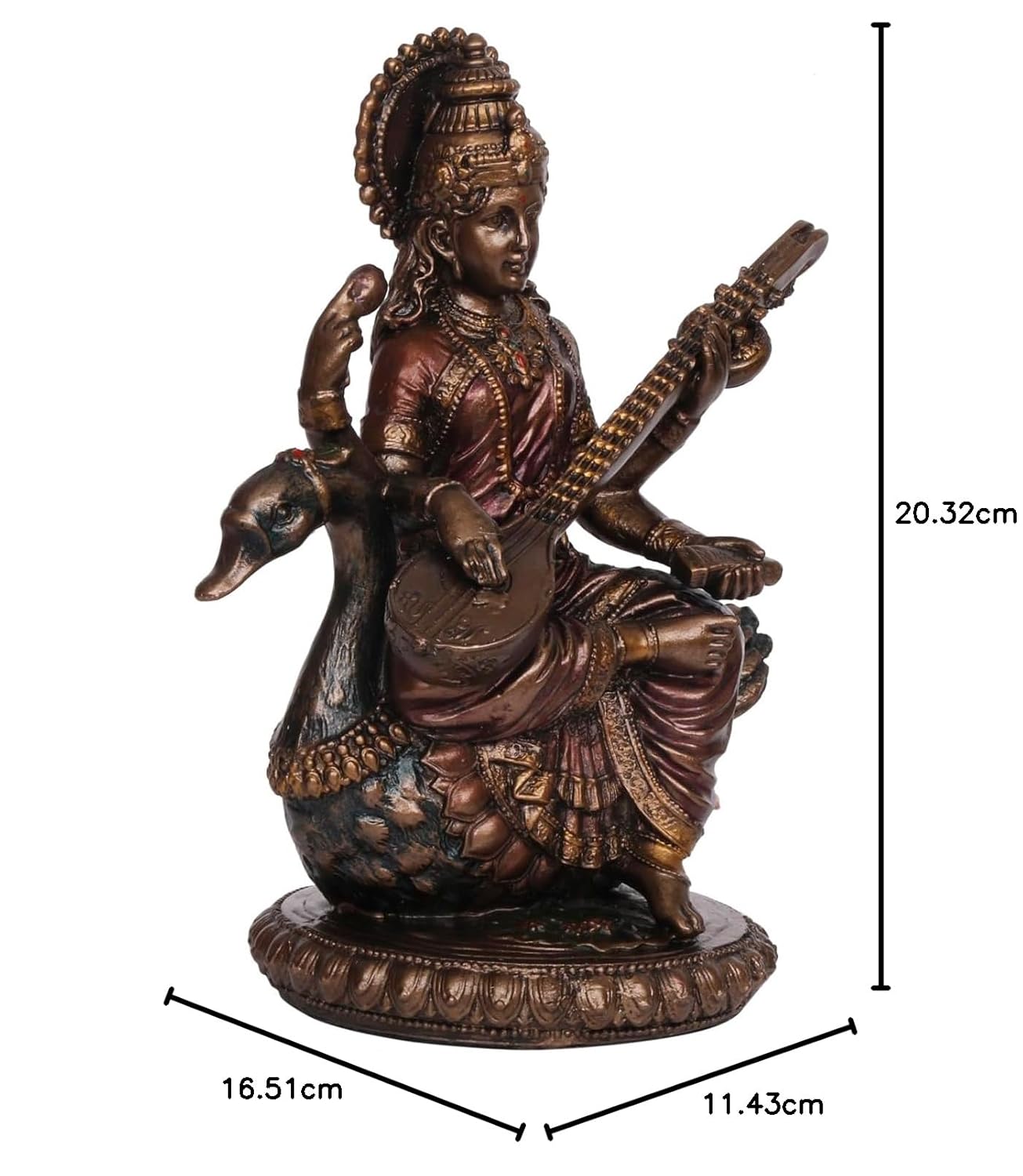 Bonded Resin Saraswati on Swan Idol with Dimensions