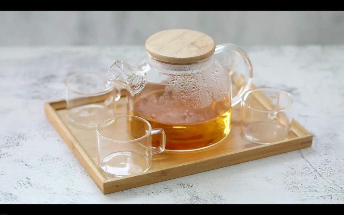 Borosilicate Glass Tea Pot Set with 4 Cups & Wooden Tray-ArtyCraftz.com