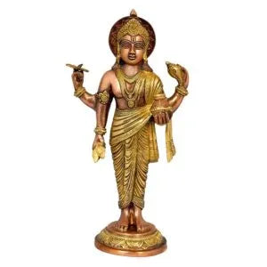 Handcrafted 15-inch solid brass Dhanvantari idol — God of Ayurveda standing with healing herb and Amrita Kalasha, copper and gold two-tone finish on lotus base — ArtyCraftz