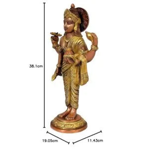 Handcrafted 15-inch solid brass Dhanvantari idol — God of Ayurveda standing with healing herb and Amrita Kalasha, copper and gold two-tone finish on lotus base — ArtyCraftz