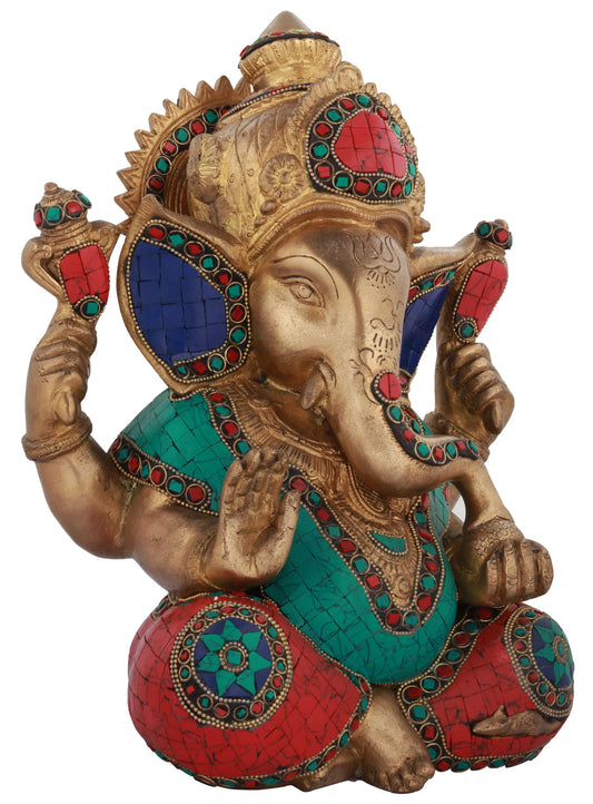 Brass Inlay Seated Ganesha 12 Inch