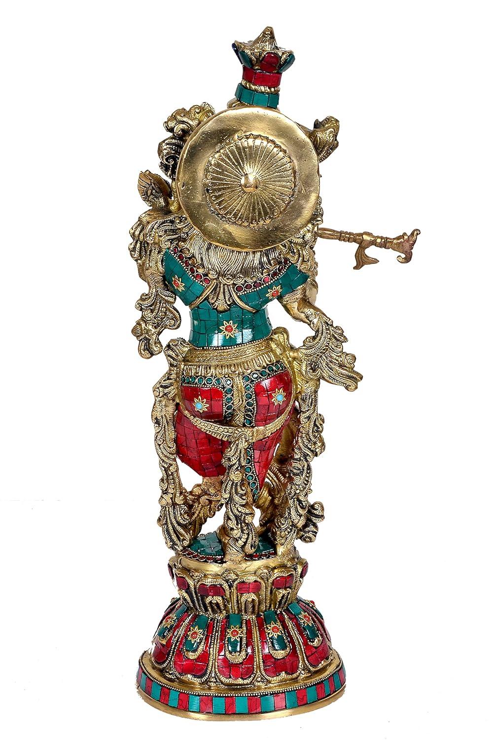 Handcrafted Heavy Brass Krishna Statue with Turquoise Malachite Coral Inlay - Luxury Pooja Decor Gift-ArtyCraftz.com