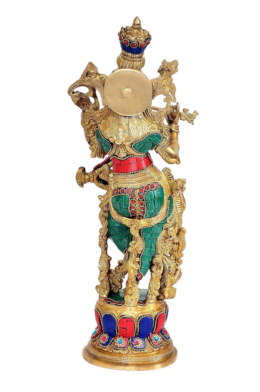 Large Brass Krishna Statue with Stone Work Flute Krishna Idol (14.5 Inches)-ArtyCraftz.com
