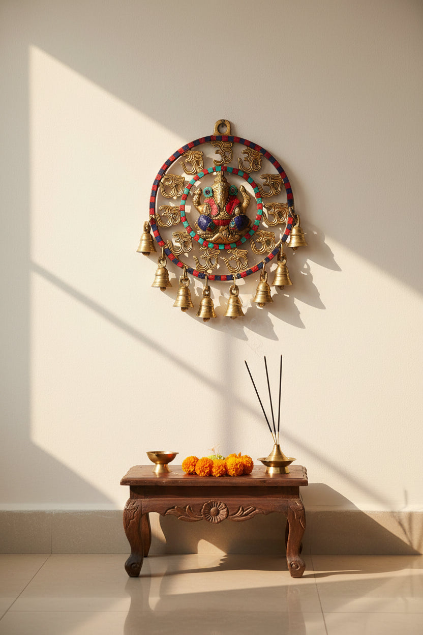 Brass Om Ganesha Wall Hanging with Bells-ArtyCraftz.com