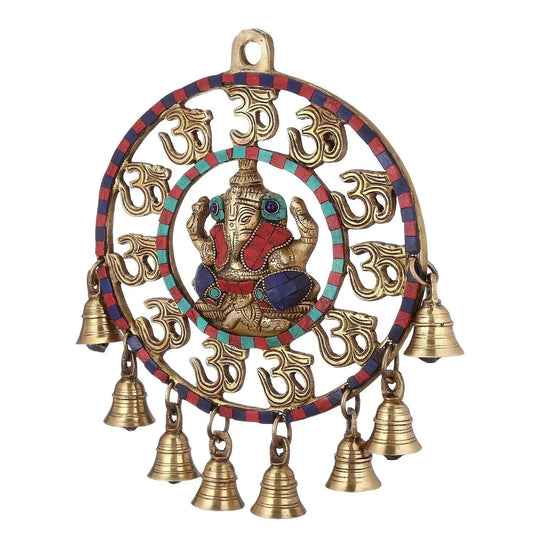 Brass Om Ganesha Wall Hanging with Bells-ArtyCraftz.com