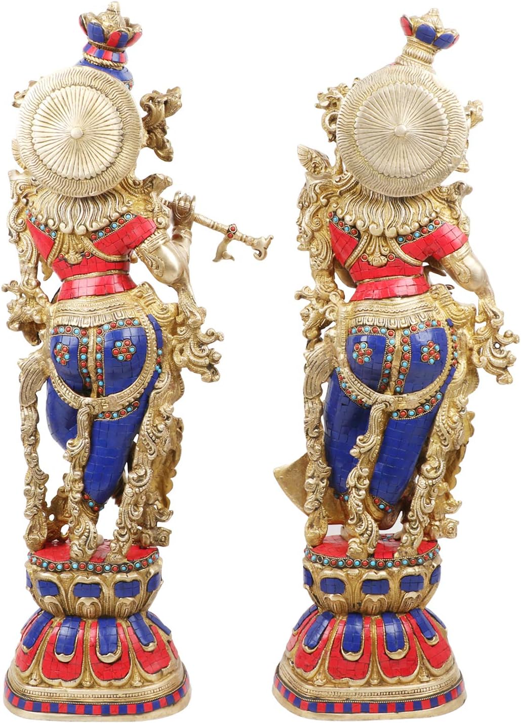 Monumental 29-inch solid brass Radha Krishna idol pair — vibrant coral red and lapis blue stone inlay garments with gold scrollwork, flute-playing Krishna and standing Radha on stone-inlaid lotus bases — ArtyCraftz