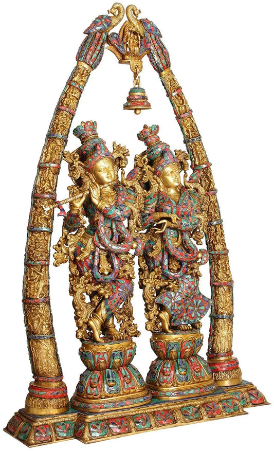 Multicolored Brass Radha Krishna with Arch Side View