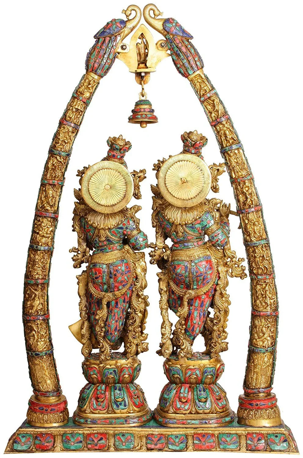 Multicolored Brass Radha Krishna with Arch Back View
