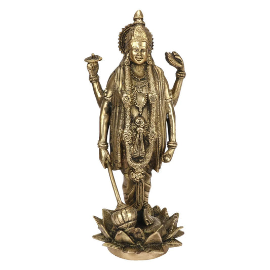 Brass Vishnu Satyanarayana with Gada on Lotus Statue
