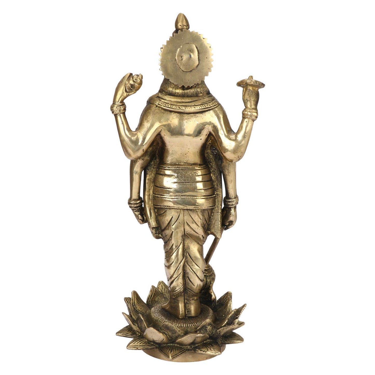 Brass Vishnu Satyanarayana with Gada on Lotus Statue Rear View