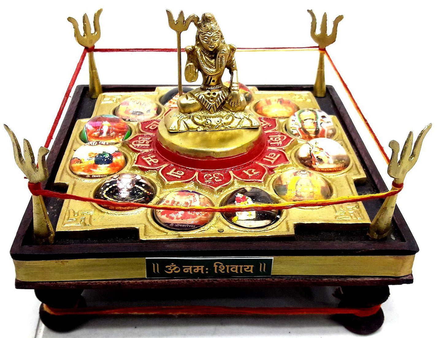 Brass And Wood Dwadash Jyotirling Yantra Chowki, Multicolor, Standard - ArtyCraftz.com