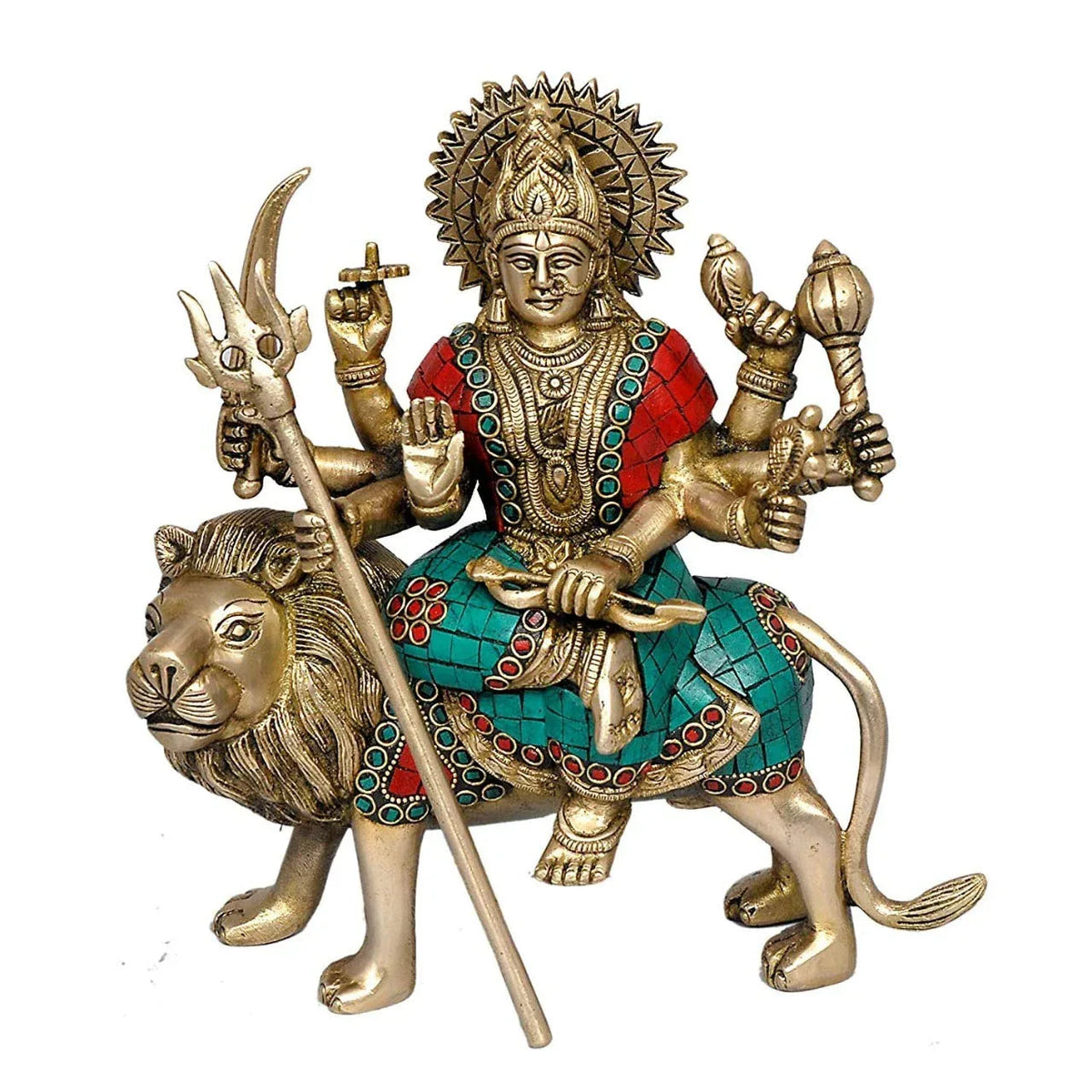 Brass Gold and Multicolor Maa Durga Statue