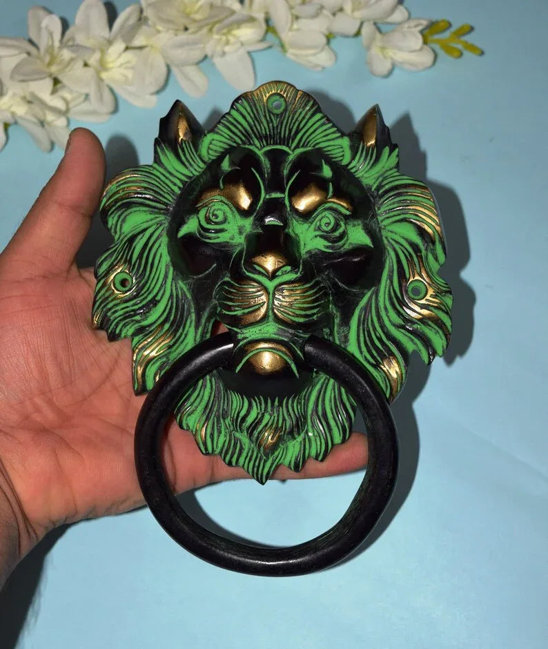 Brass Antique Finish Lion Door Knocker Green Color Hold in Hand
