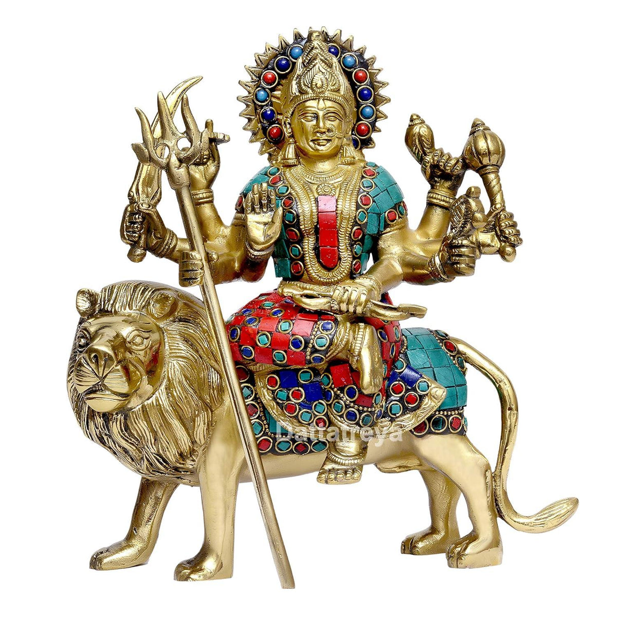 Brass Gold and Multicolor Maa Durga Statue