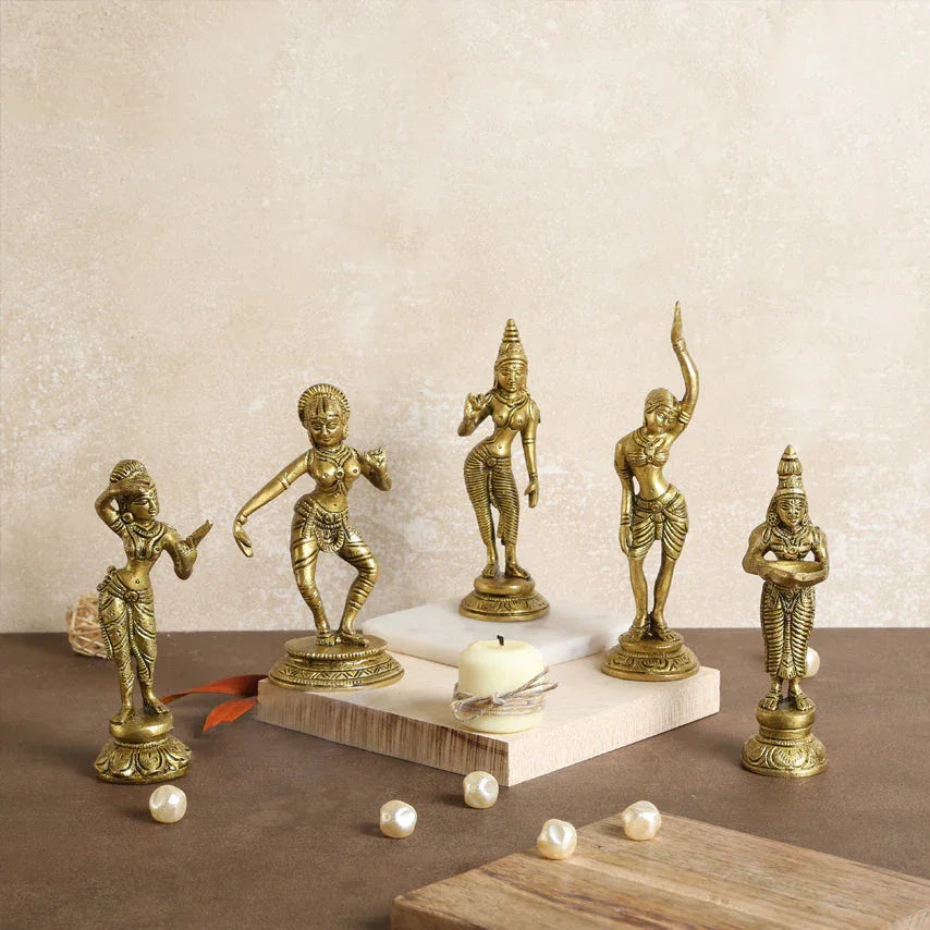 Brass Apsara with Dancing Pose Showpieces - Set of 5 Statues